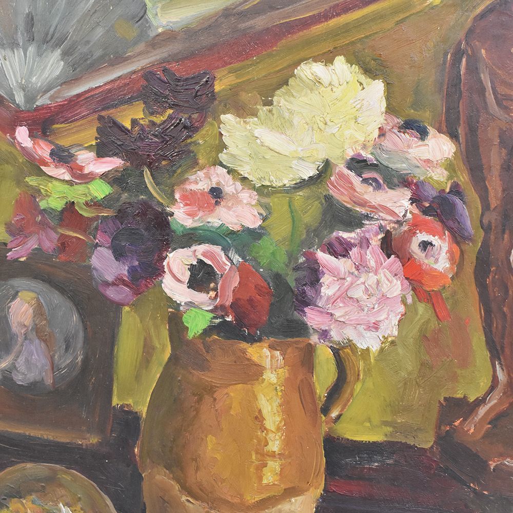 Still Life Art, Antique Painting, Fan And Anemones Flowers, Oil Painting On Wood, 20 Th Century.  (Qnm242) photo 500.0