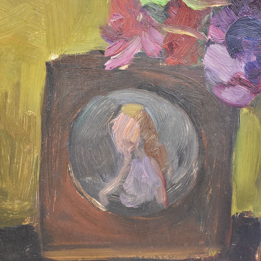 Still Life Art, Antique Painting, Fan And Anemones Flowers, Oil Painting On Wood, 20 Th Century.  (Qnm242) photo vinterior
