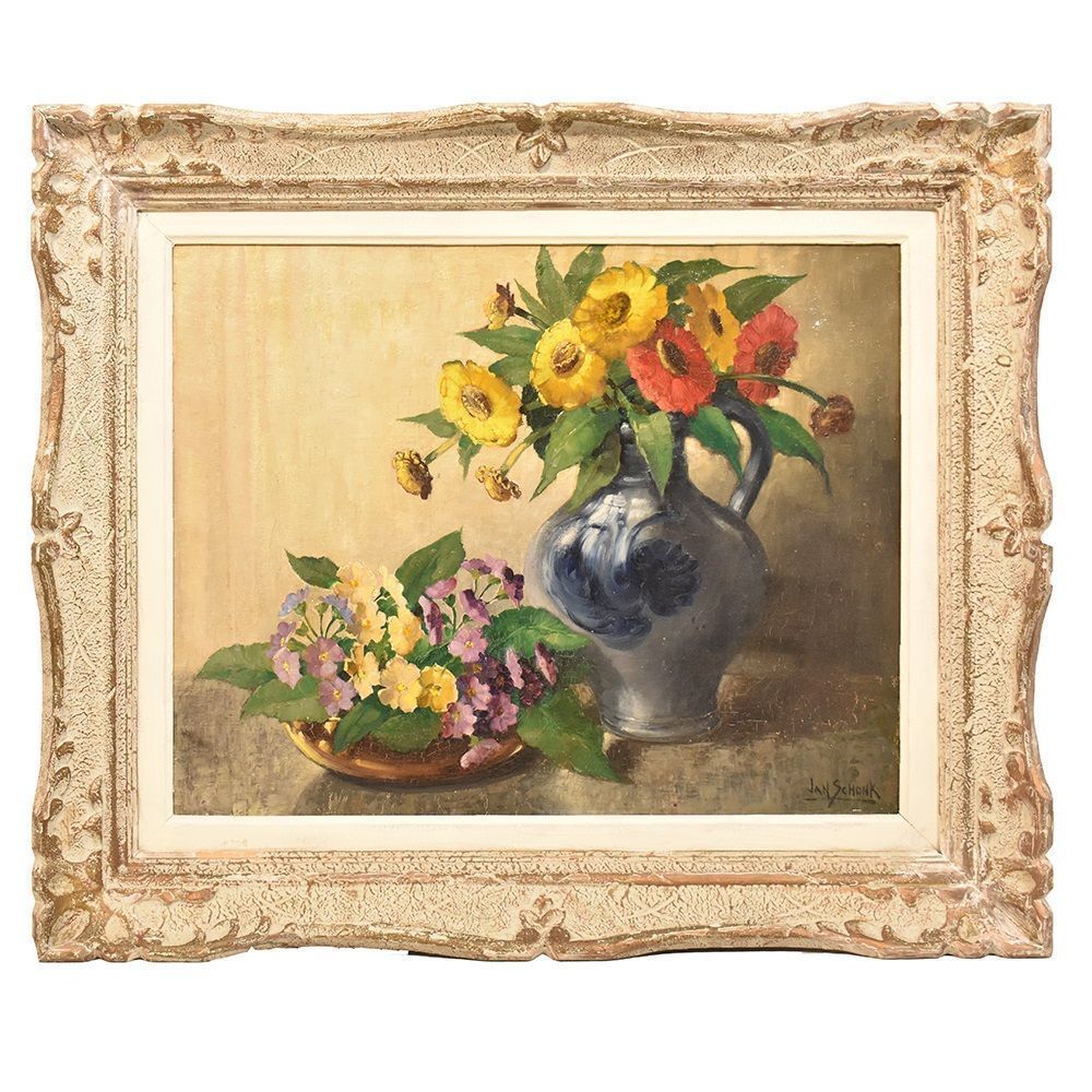 Flower Painting, Yellow And Red Gerberas, Still Life, Oil On Canvas, 20th Century, Art Deco. (Qf246)