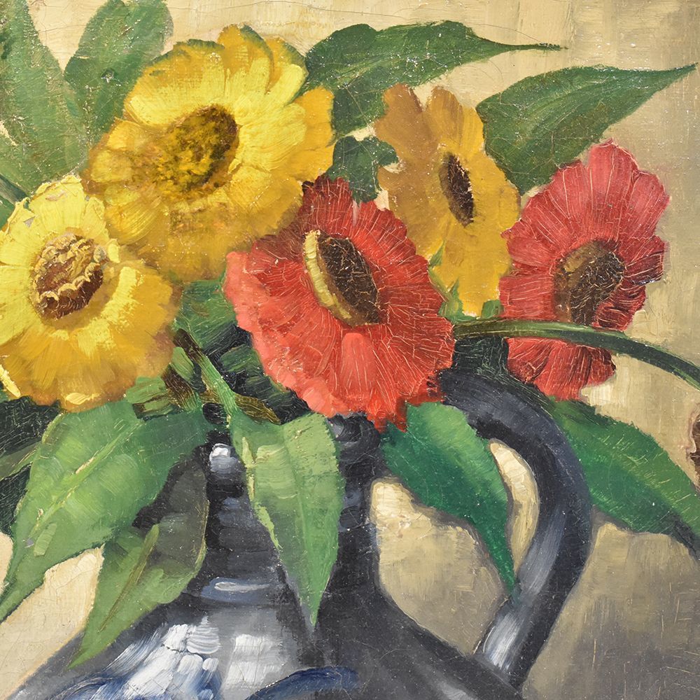 Flower Painting, Yellow And Red Gerberas, Still Life, Oil On Canvas, 20th Century, Art Deco. (Qf246) photo furniture