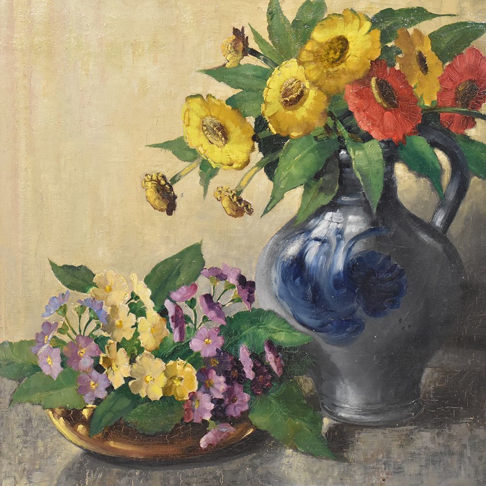 Flower Painting, Yellow And Red Gerberas, Still Life, Oil On Canvas, 20th Century, Art Deco. (Qf246) photo for sale