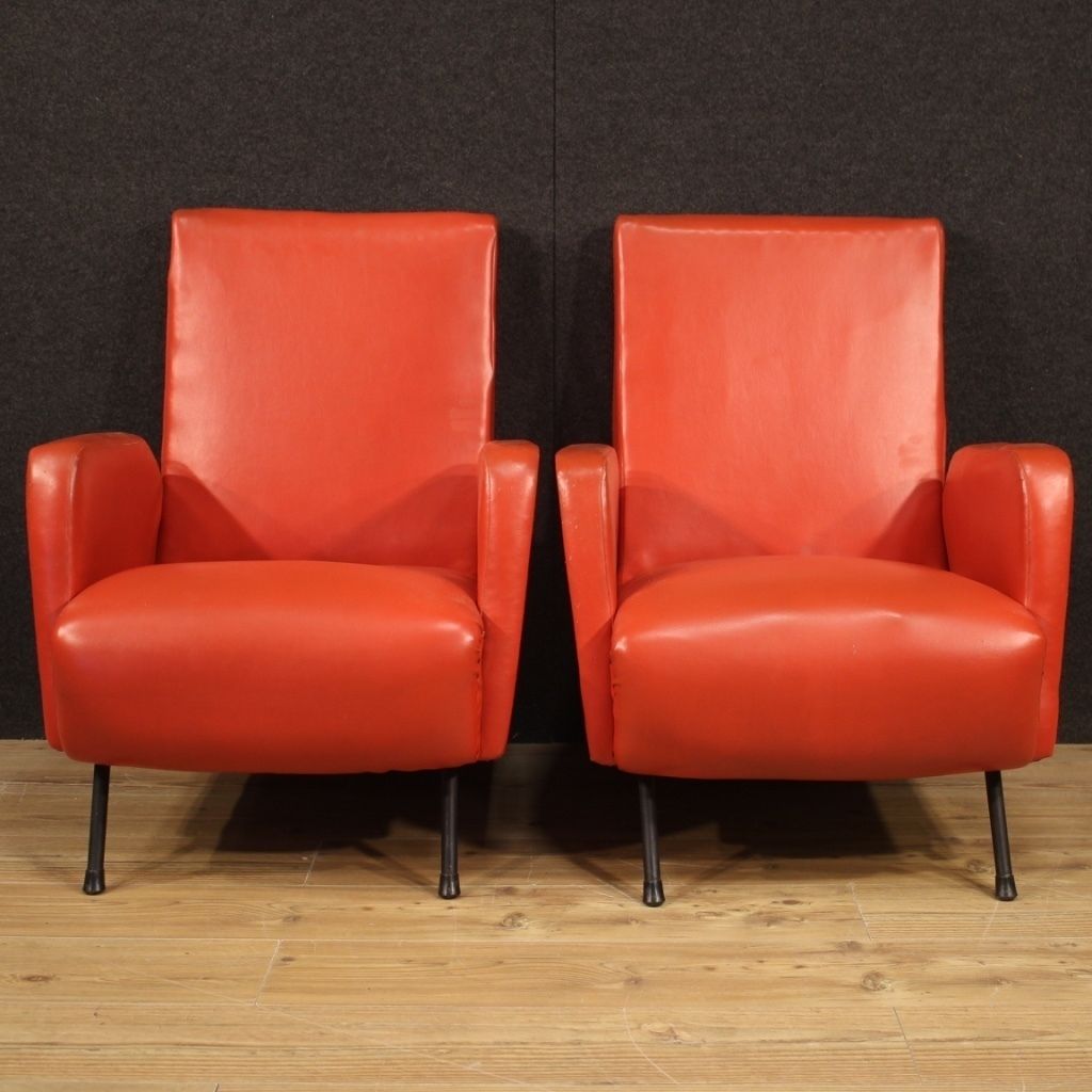 Pair Of Italian Design Armchairs In Red Faux Leather photo for sale