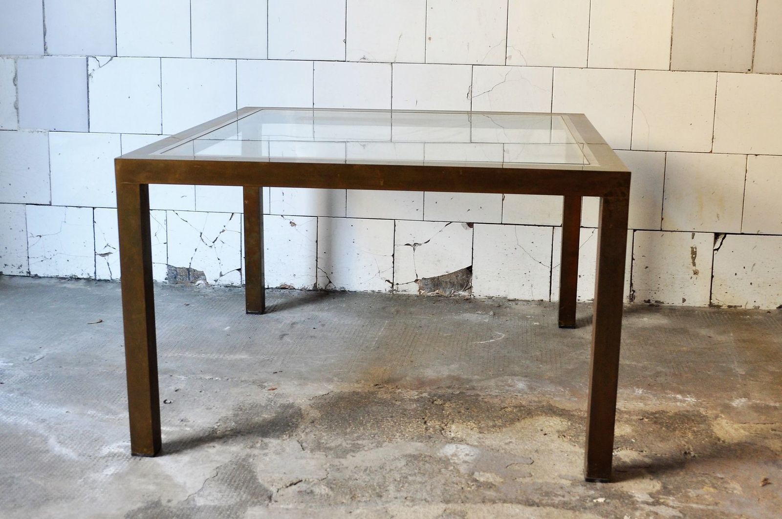 Square Coffee Table In Brass And Glass, 1970s