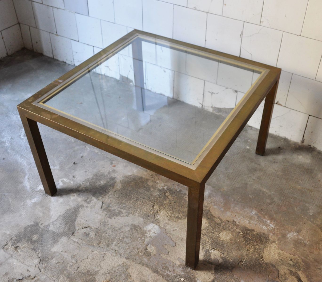 Square Coffee Table In Brass And Glass, 1970s photo Furniture