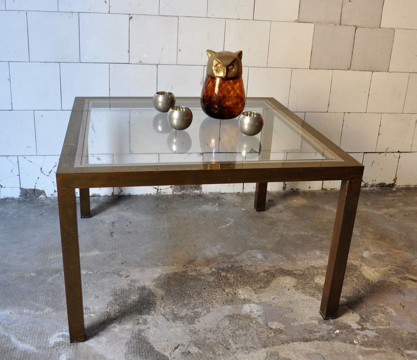 Square Coffee Table In Brass And Glass, 1970s photo buy