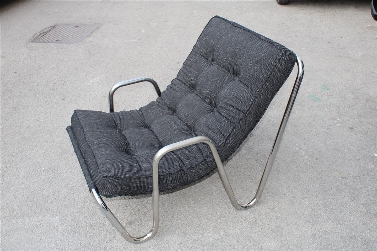 Minimalist Tubular Armchair Chrome Metal Black Fabric, Italy, 1970s photo furniture