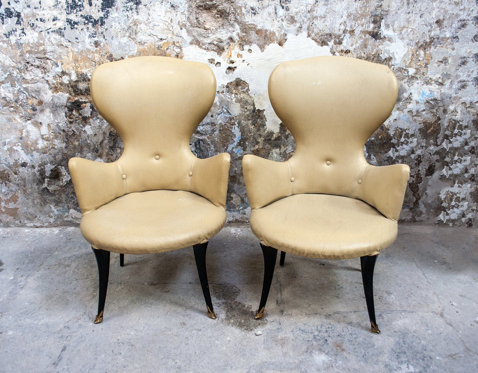 Italiaanse Fauteuils Van Messing En Vinyl, Ca. Jaren 1950, Set Van 2 photo for sale