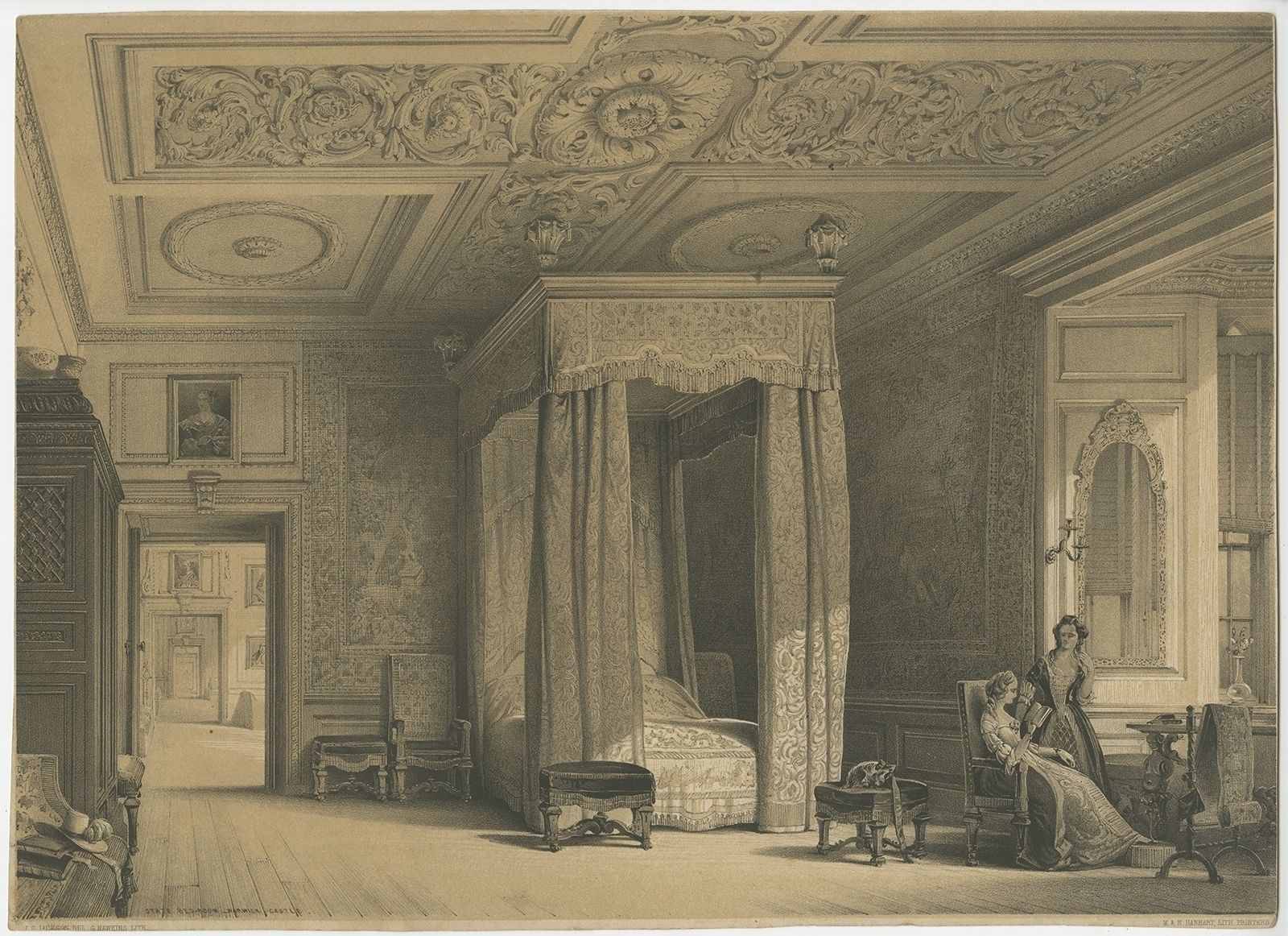 Antique Print Of The State Bedroom Of Warwick Castle By Hanhart (C.1850)