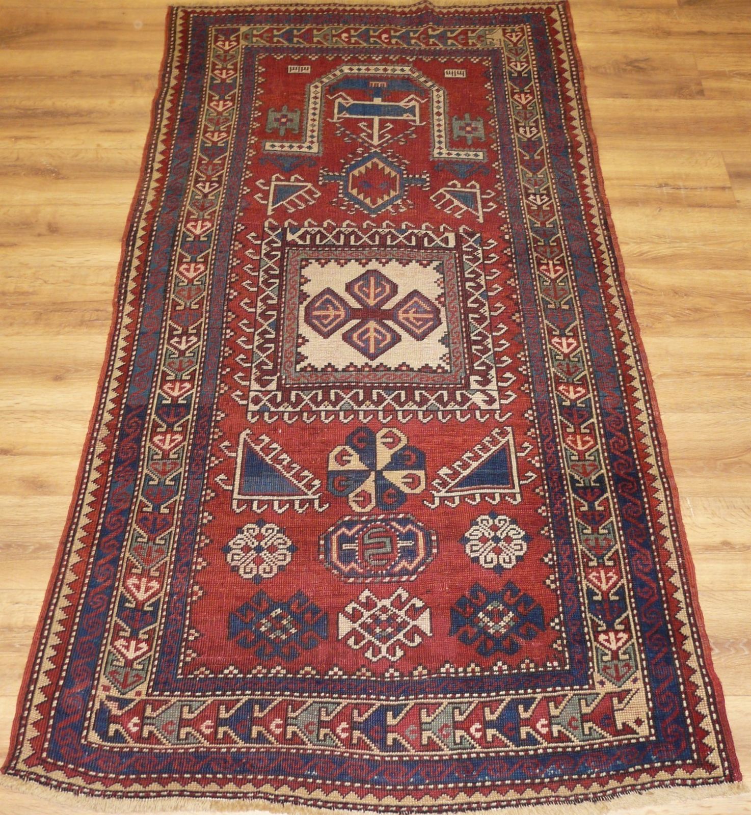 Genuine Antique Hand Knotted Caucasian Kazak Fachralo Prayer Design Rug   100% Wool Pile   209 X 115 Cm (6'10 X 3'10")