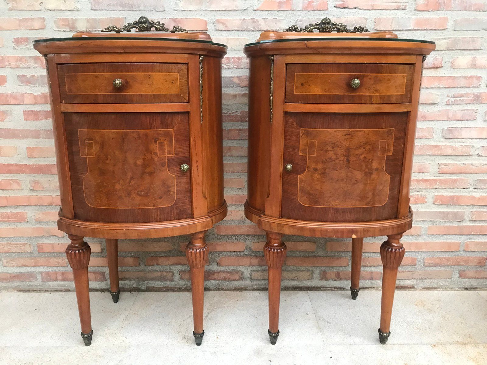 Louis XVI Style Metal And Mirror Marquetry Nightstands, 1920s, Set Of 2