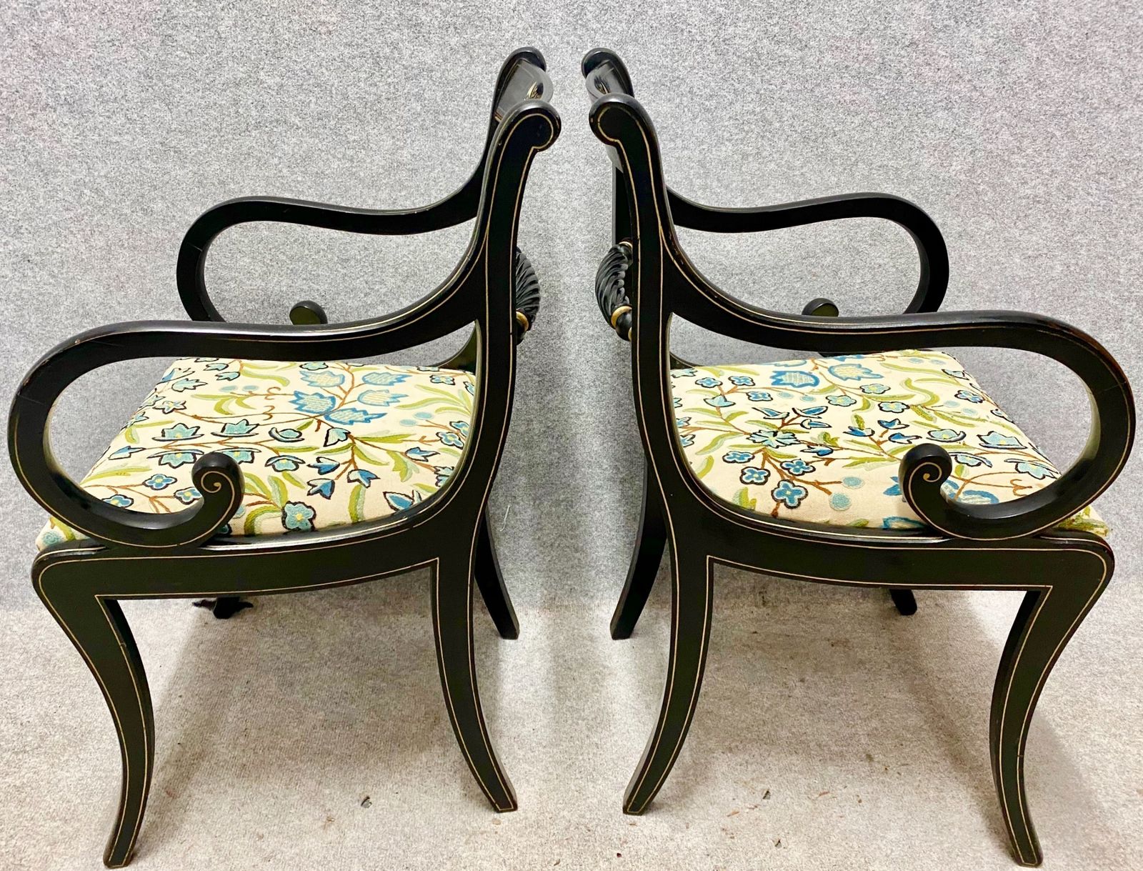 photo for sale Set Of 4 Regency Style Ebonised & Decorated Elbow Chairs