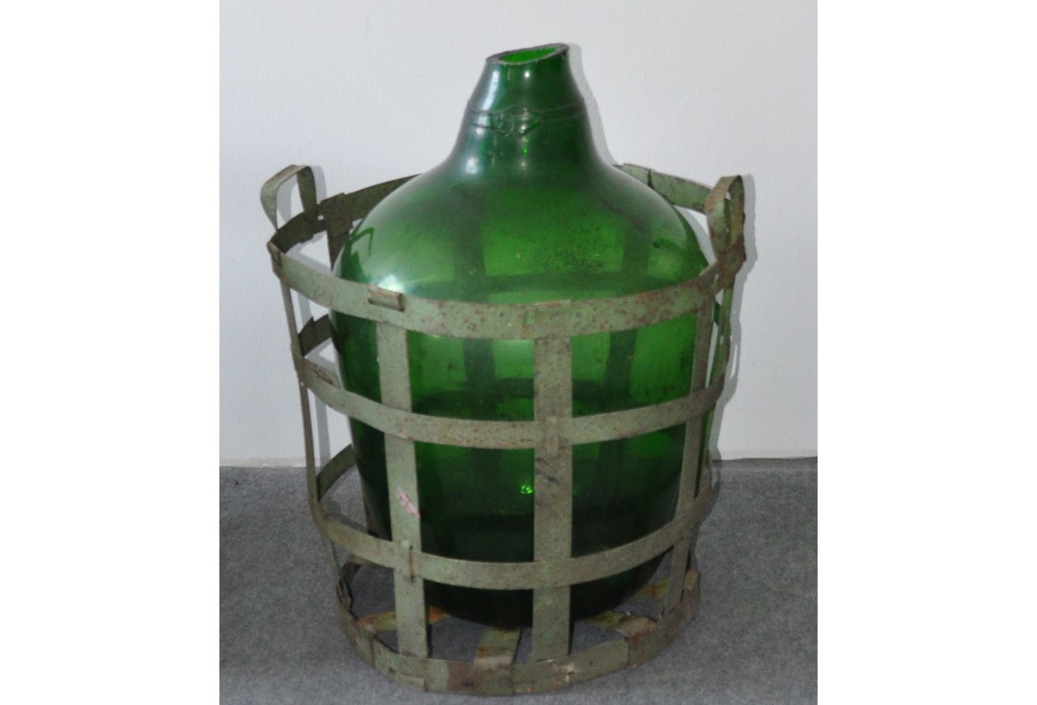 Antique Hand Blown Demijohn In Vintners Metal Basket