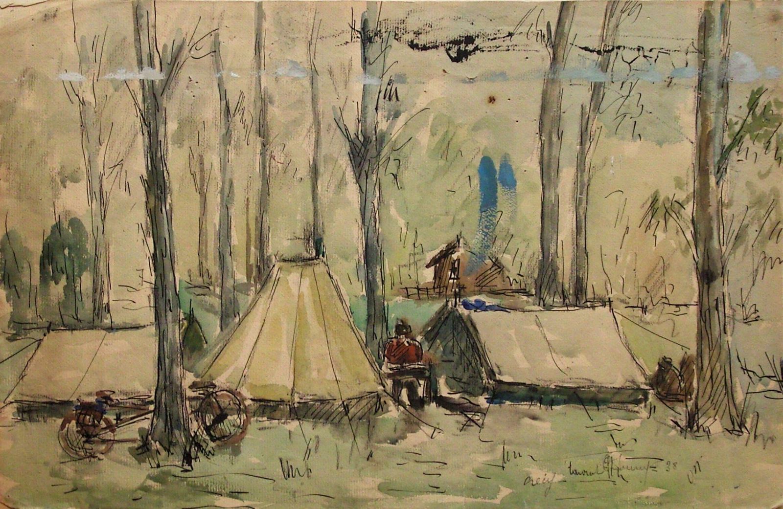 Lavoine Robert (1916 1999)   Watercolor On Paper   Camping En Forêt Localized Crécy (En Ponthieu?) 1938
