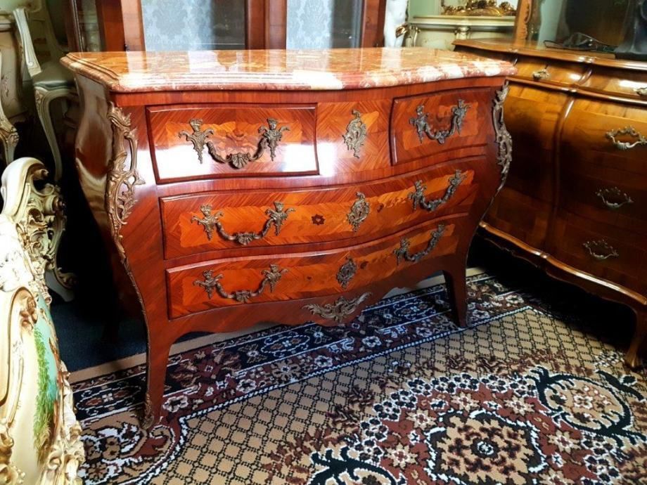 French Chest Of Drawers With Brass Applications And Marble Slab photo vintage