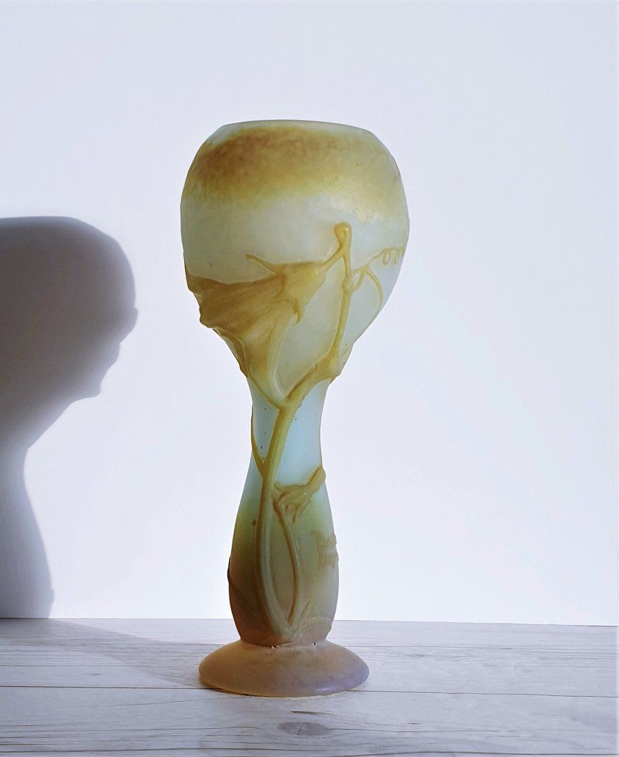 photo furniture Daum 'Fleur De Coloquinte' French Art Nouveau Satin Cameo Glass Vase | C. 1900s, Antique
