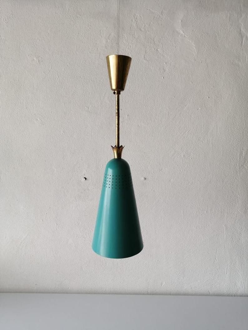 Original Mint Green Metal Conical Shape Pendant Lamp   Stilnovo Era   Brass Details   Mid Century Modern 60s   Manufactured In Italy