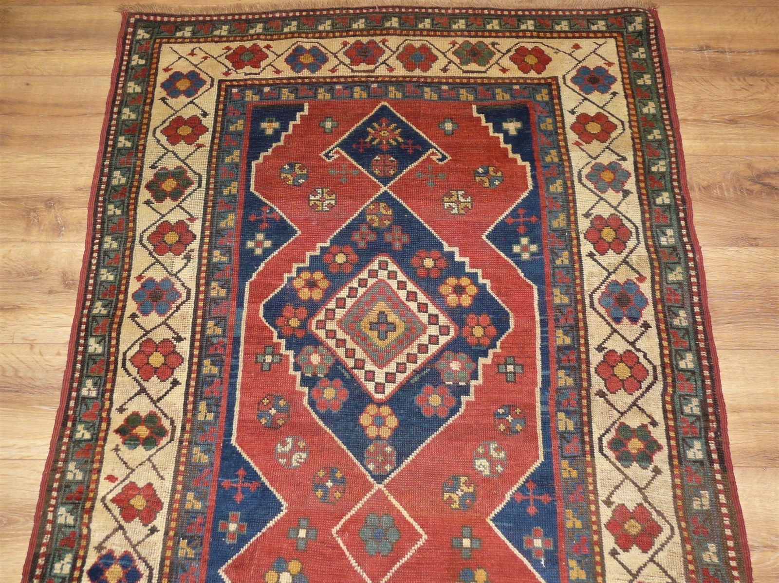 Genuine Antique Hand Knotted Caucasian Lambalo Kazak Design Rug   100% Wool Pile   213 X 109 Cm (7' X 3'7") photo for sale