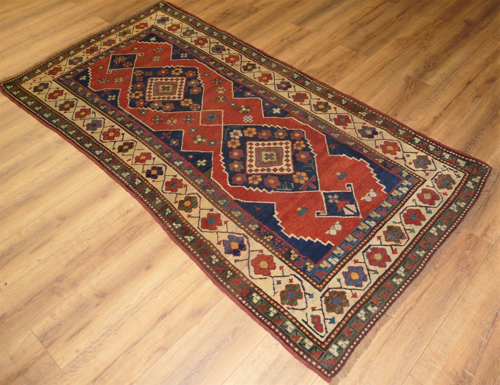 Genuine Antique Hand Knotted Caucasian Lambalo Kazak Design Rug   100% Wool Pile   213 X 109 Cm (7' X 3'7") photo Textiles