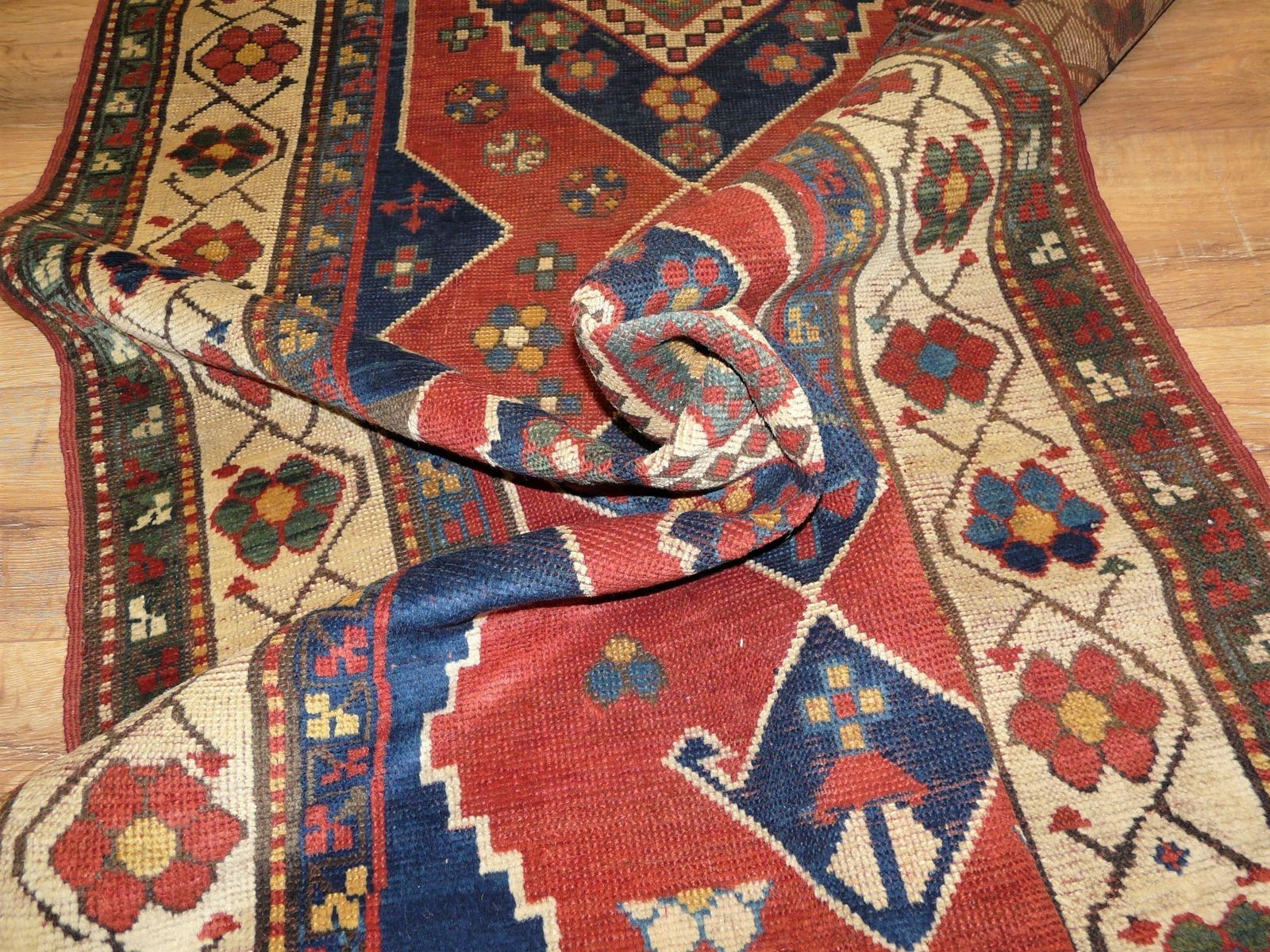 Genuine Antique Hand Knotted Caucasian Lambalo Kazak Design Rug   100% Wool Pile   213 X 109 Cm (7' X 3'7") photo vinterior