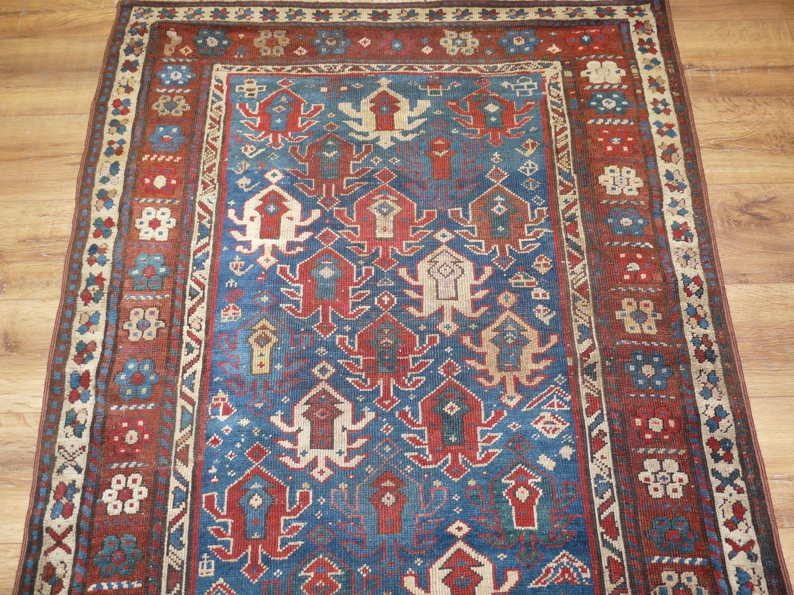 Genuine Antique Hand Knotted Caucasian Kazak Design Rug   100% Wool Pile   232 X 109 Cm (7'7" X 3'7") photo for sale