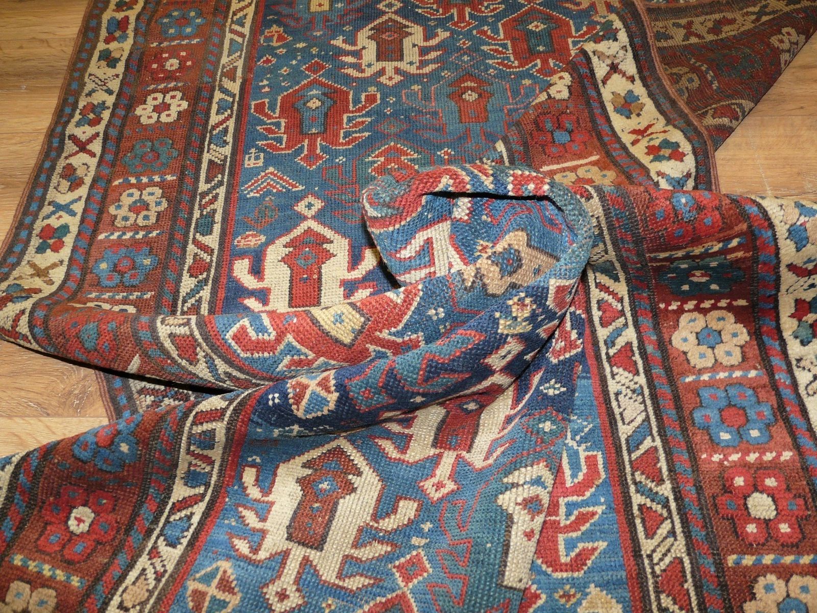 Genuine Antique Hand Knotted Caucasian Kazak Design Rug   100% Wool Pile   232 X 109 Cm (7'7" X 3'7") photo vinterior
