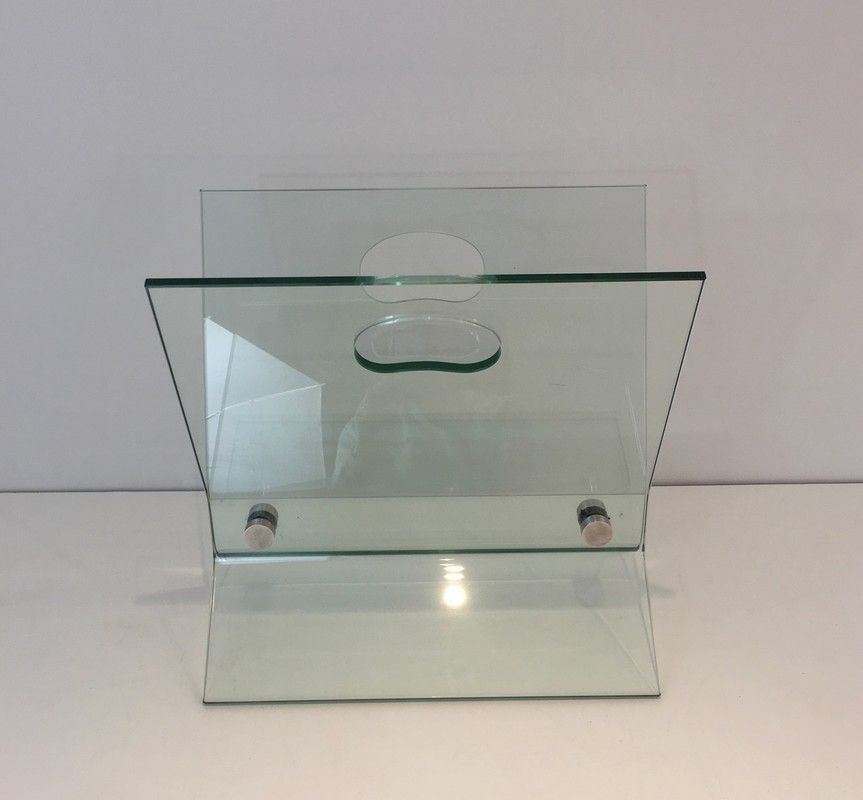 In The Style Of François Arnal. Glass And Brushed Steel Design Magazine Rack. French. Circa 1970 photo Home Decor