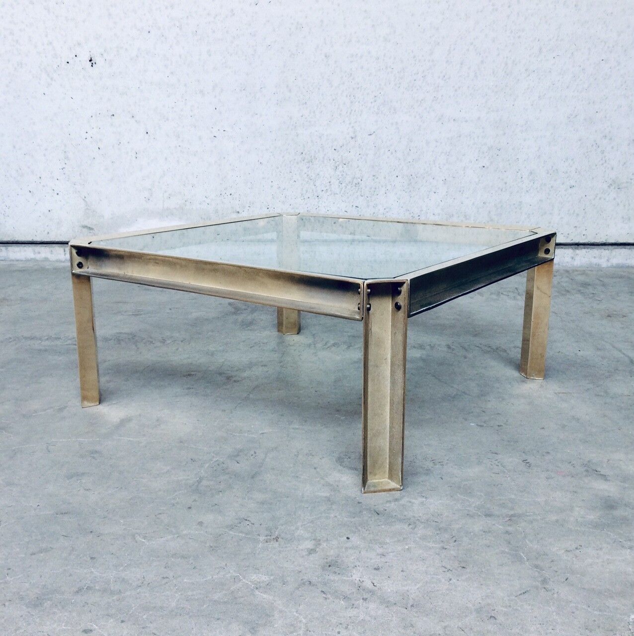 Brutalist Design Style Brass & Glass Square Coffee Table 1970s photo for sale