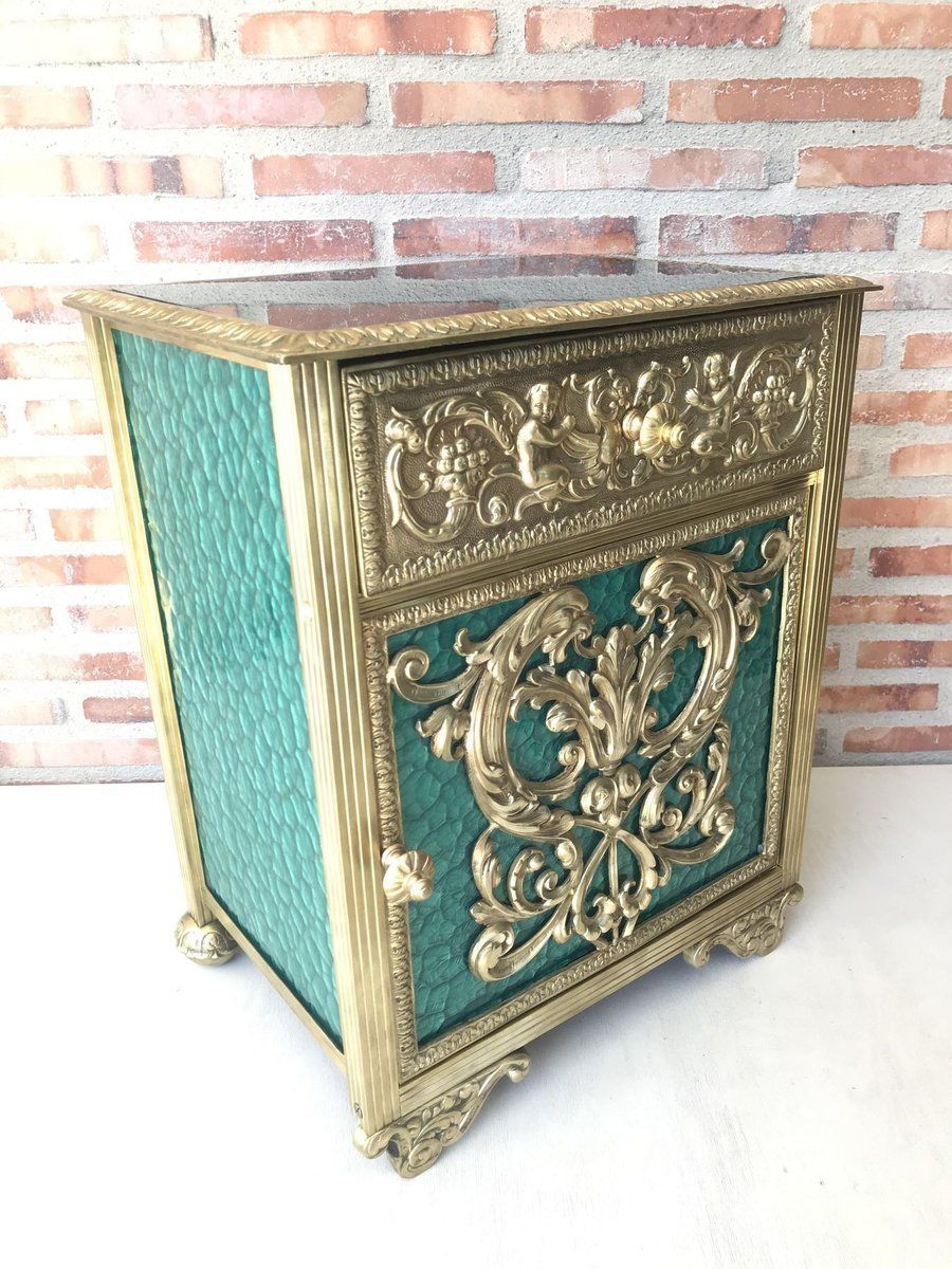 Antique Louis XVI Bronze Vitrine Nightstands With Green Glass Doors And Drawer, Set Of 2 photo 3136.0
