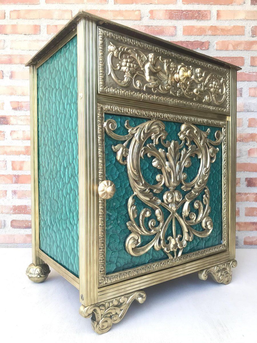 Antique Louis XVI Bronze Vitrine Nightstands With Green Glass Doors And Drawer, Set Of 2 photo vinterior