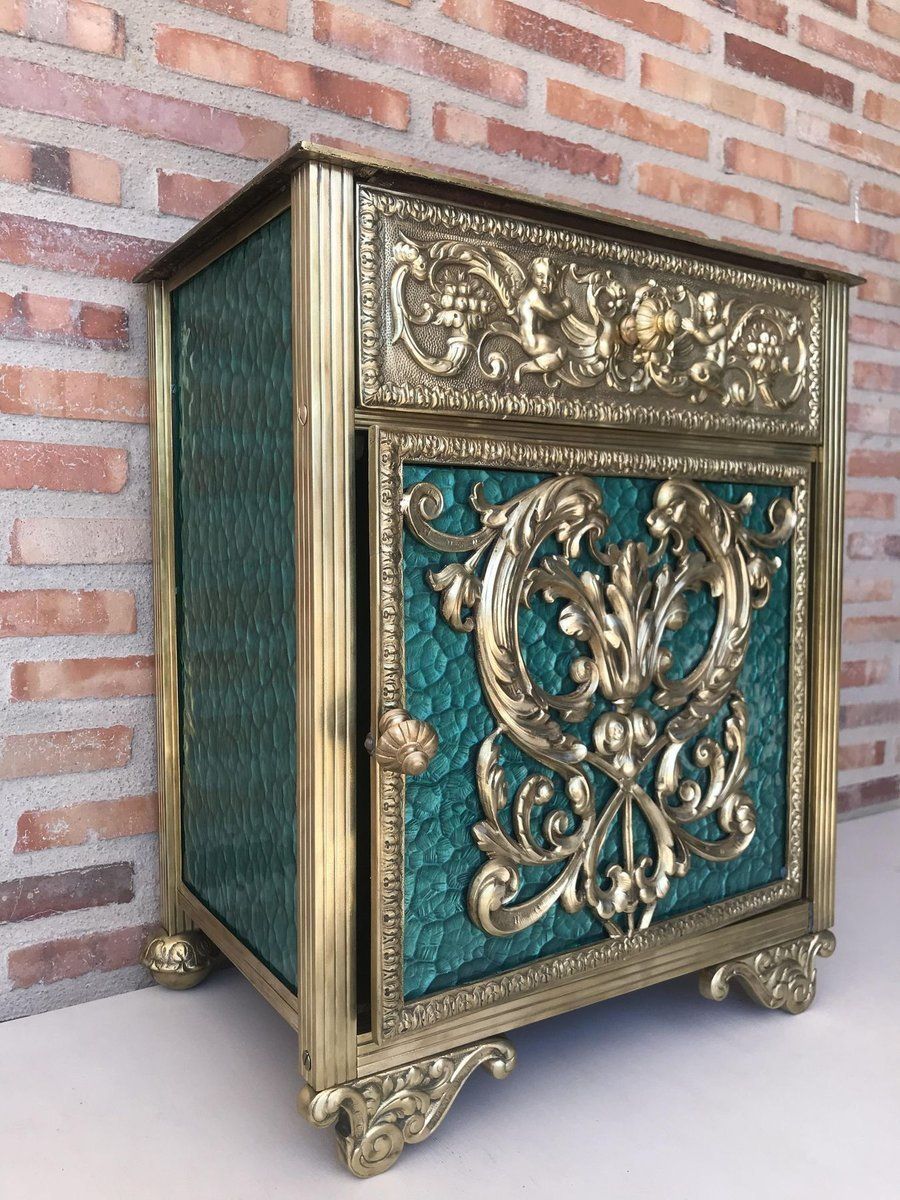 Antique Louis XVI Bronze Vitrine Nightstands With Green Glass Doors And Drawer, Set Of 2 photo vintage