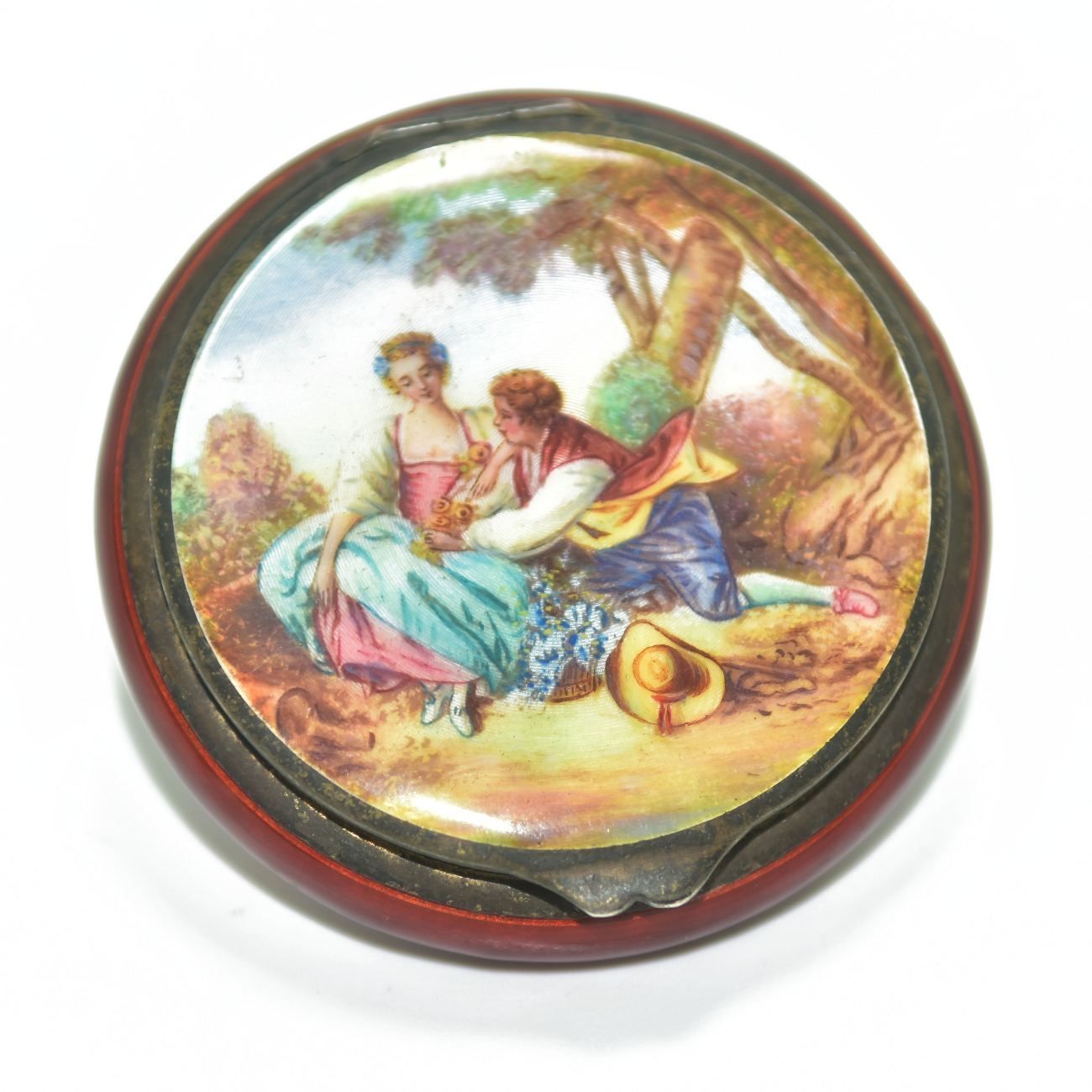 Powder Compact Medallion Painted Enameled Gallant Scene, Xi Xth Century