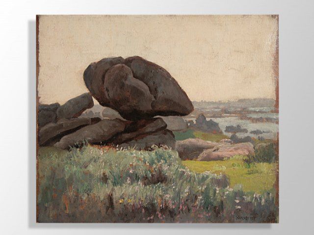 Le Gros Rocher Oil On Cardboard By Bousquet (34 X 26)
