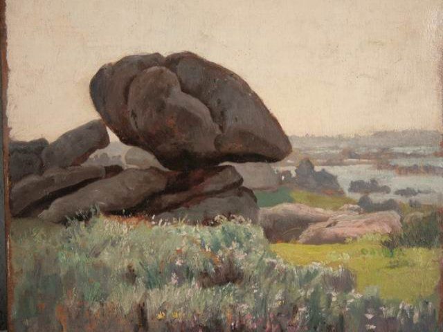 Le Gros Rocher Oil On Cardboard By Bousquet (34 X 26) photo furniture