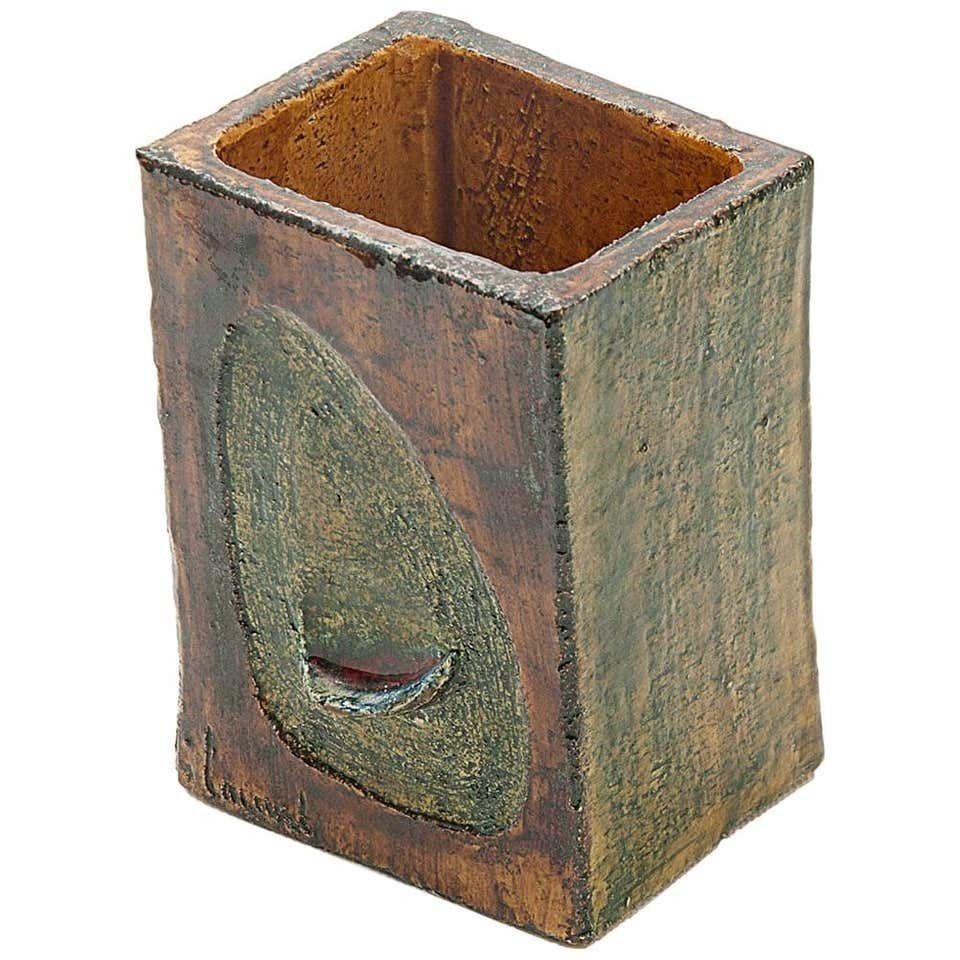 Vase In Ceramic By François Lanusé, France 1960, Green And Brown Color, Signed