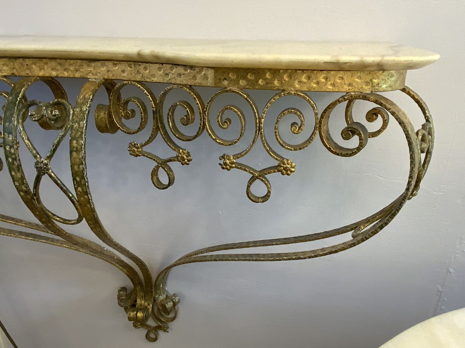 Italian Marble Top And Gold Leaf Metal 1940’s Console Table By Pierluigi Colli photo for sale