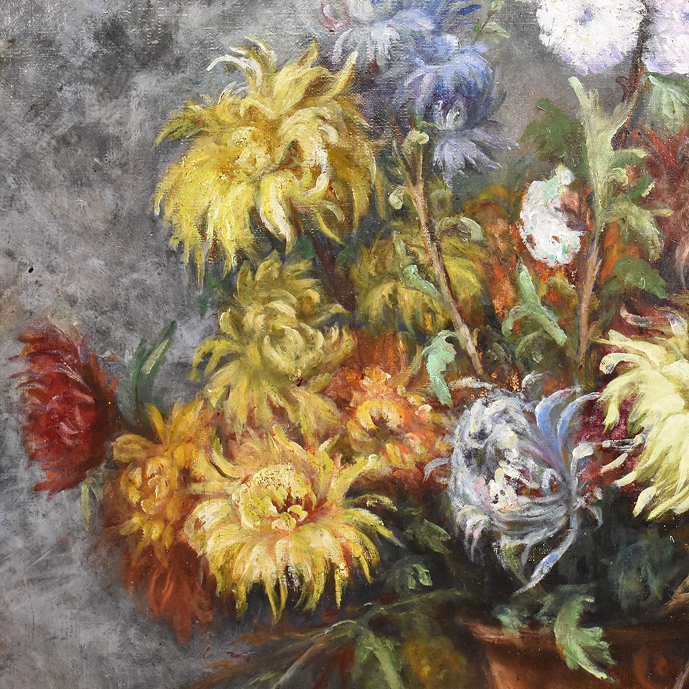 Antique Flower Painting, Chrysanthemums And Dahlias Flowers Art, Still Life, Oil On Canvas, 19th Century. (Qf251) photo Art