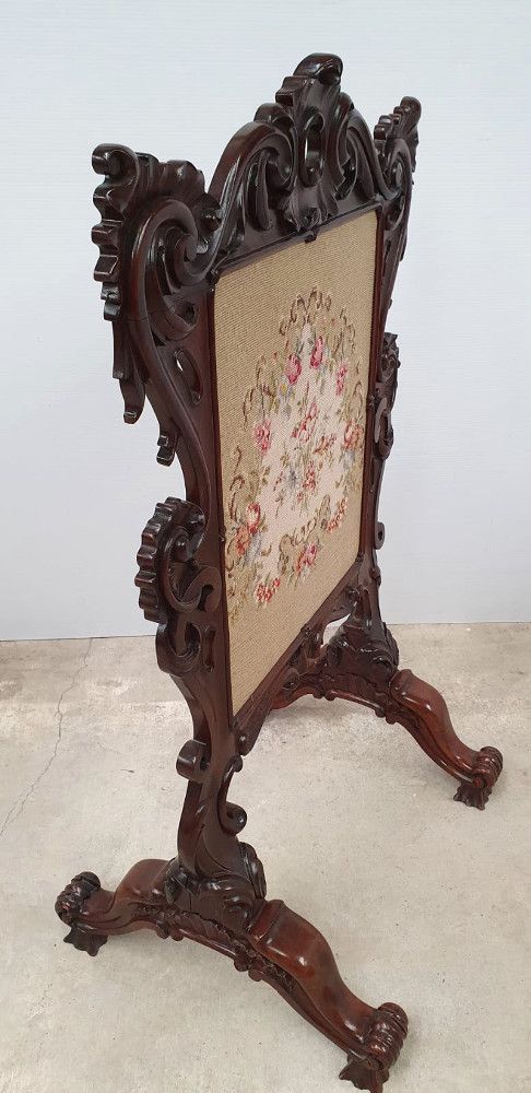 Rare 19th Century Rosewood Firescreen With Floral Tapestry Insert photo furniture