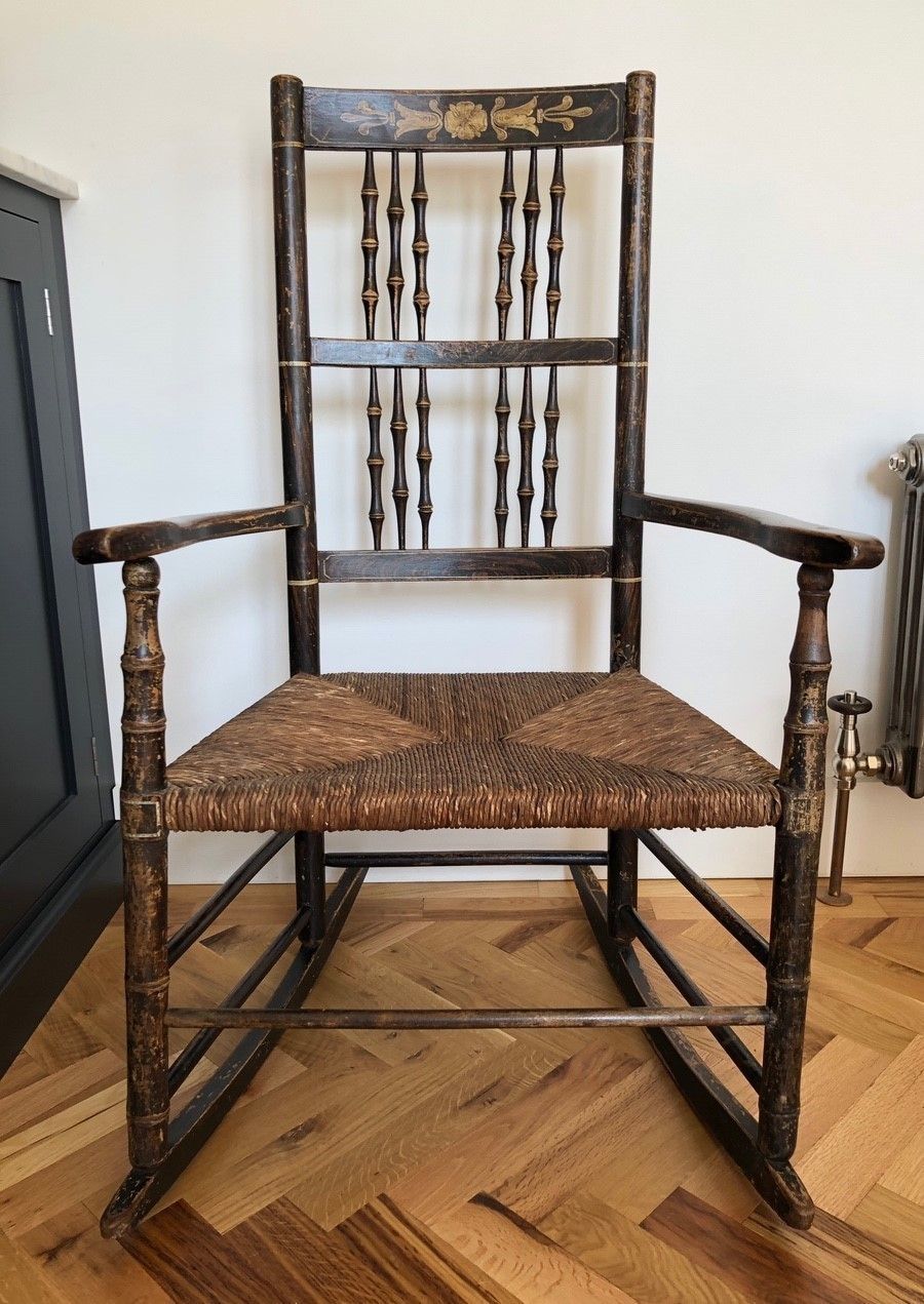 Regency Rocking Armchair In Original Paint. Rare Antique Country Chair.