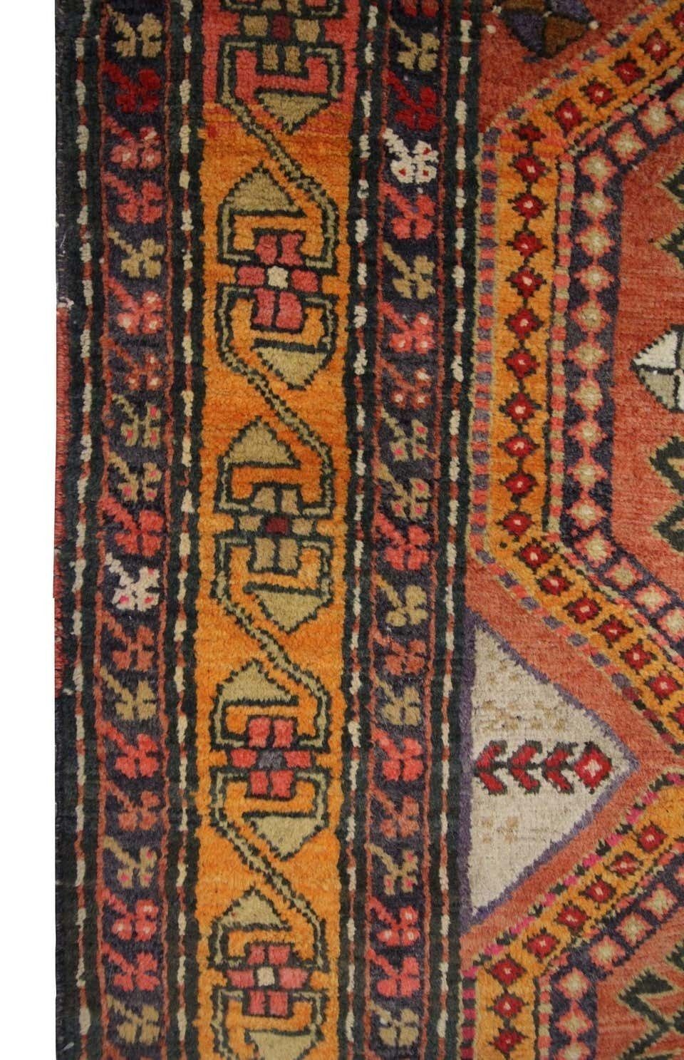 Handmade Carpets And Rugs, Traditional Antique Carpet, Orange Wool Caucasian Runner Rugs For Sale photo vinterior