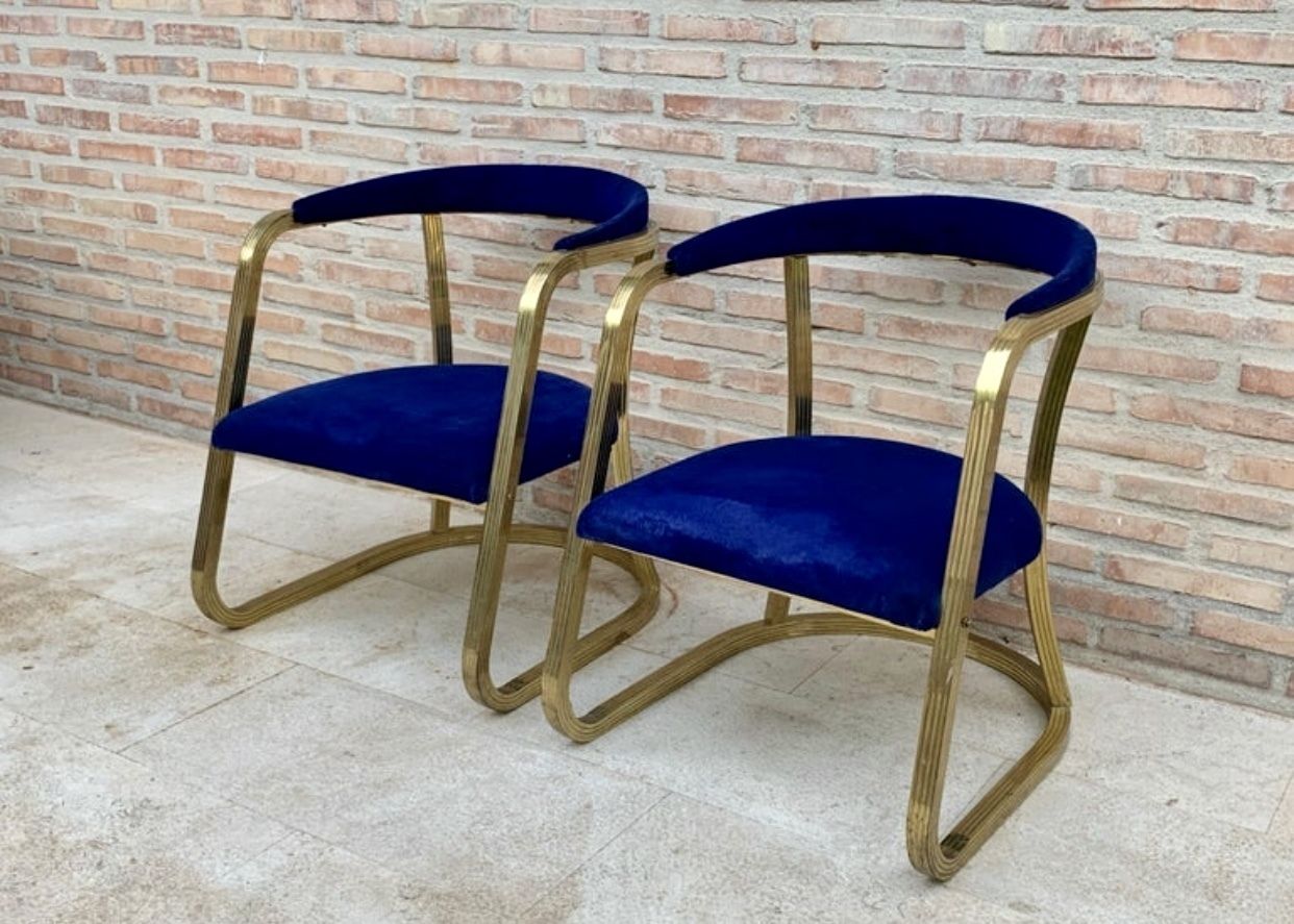 French Pair Of Midcentury Gold Brass Chairs With Blue Velvet Upholstery photo for sale