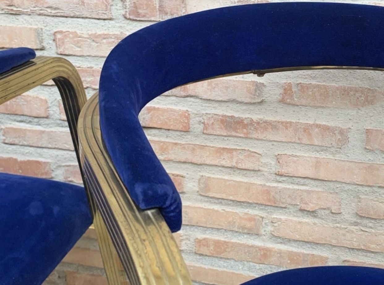 Furniture French Pair Of Midcentury Gold Brass Chairs With Blue Velvet Upholstery photo