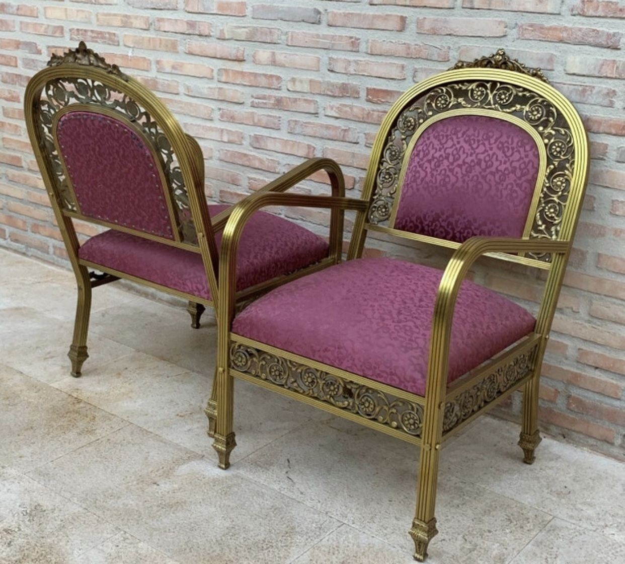 20th French Pair Gold Brass & Bronze Arm Chairs With Pink Velvet Upholstery photo vinterior