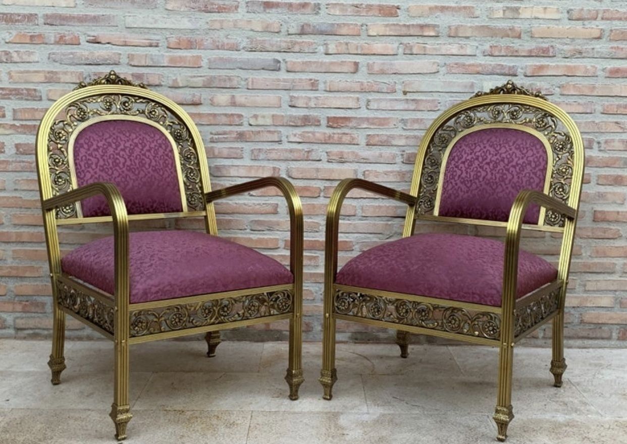 20th French Pair Gold Brass & Bronze Arm Chairs With Pink Velvet Upholstery photo buy