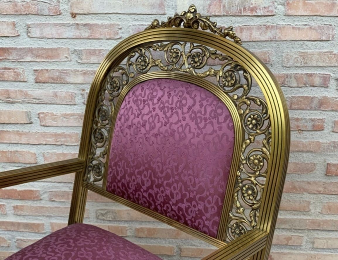 20th French Pair Gold Brass & Bronze Arm Chairs With Pink Velvet Upholstery photo vintage