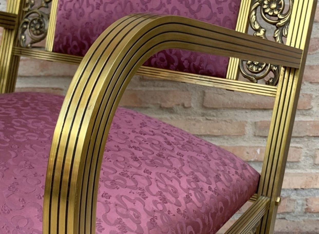 Furniture 20th French Pair Gold Brass & Bronze Arm Chairs With Pink Velvet Upholstery photo