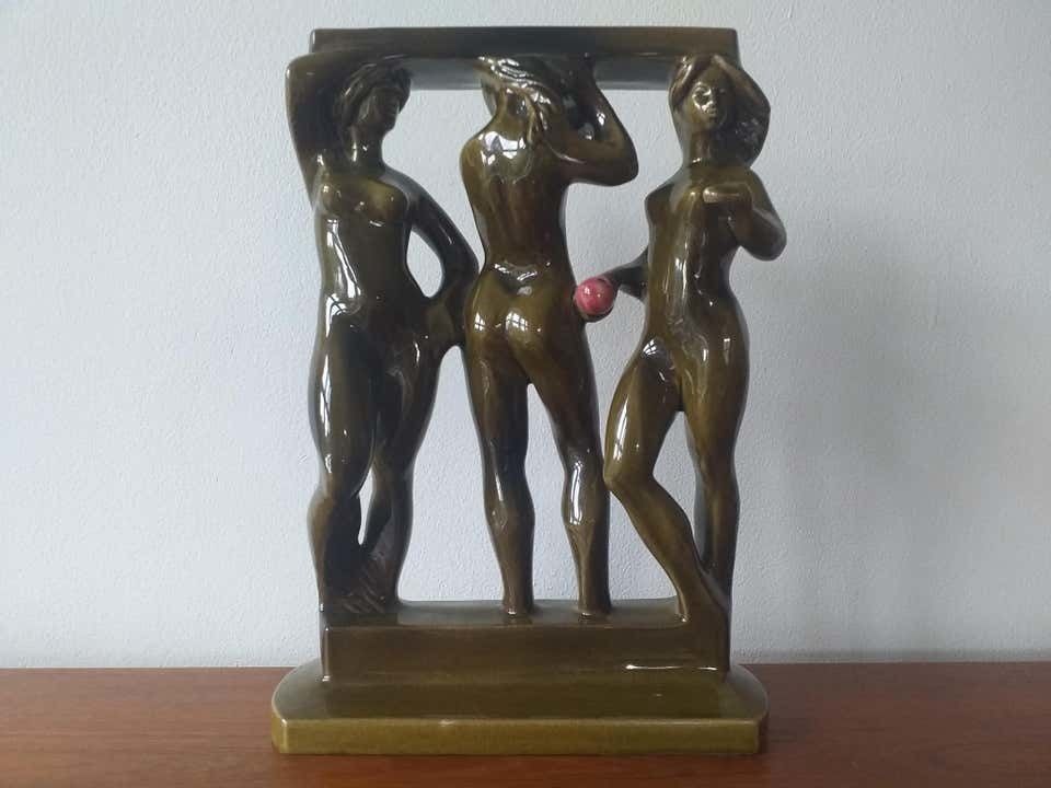 Midcentury Ceramic Sculpture Of Women, Three Graces, Design Zdenek Farnik 1960s photo 319.0