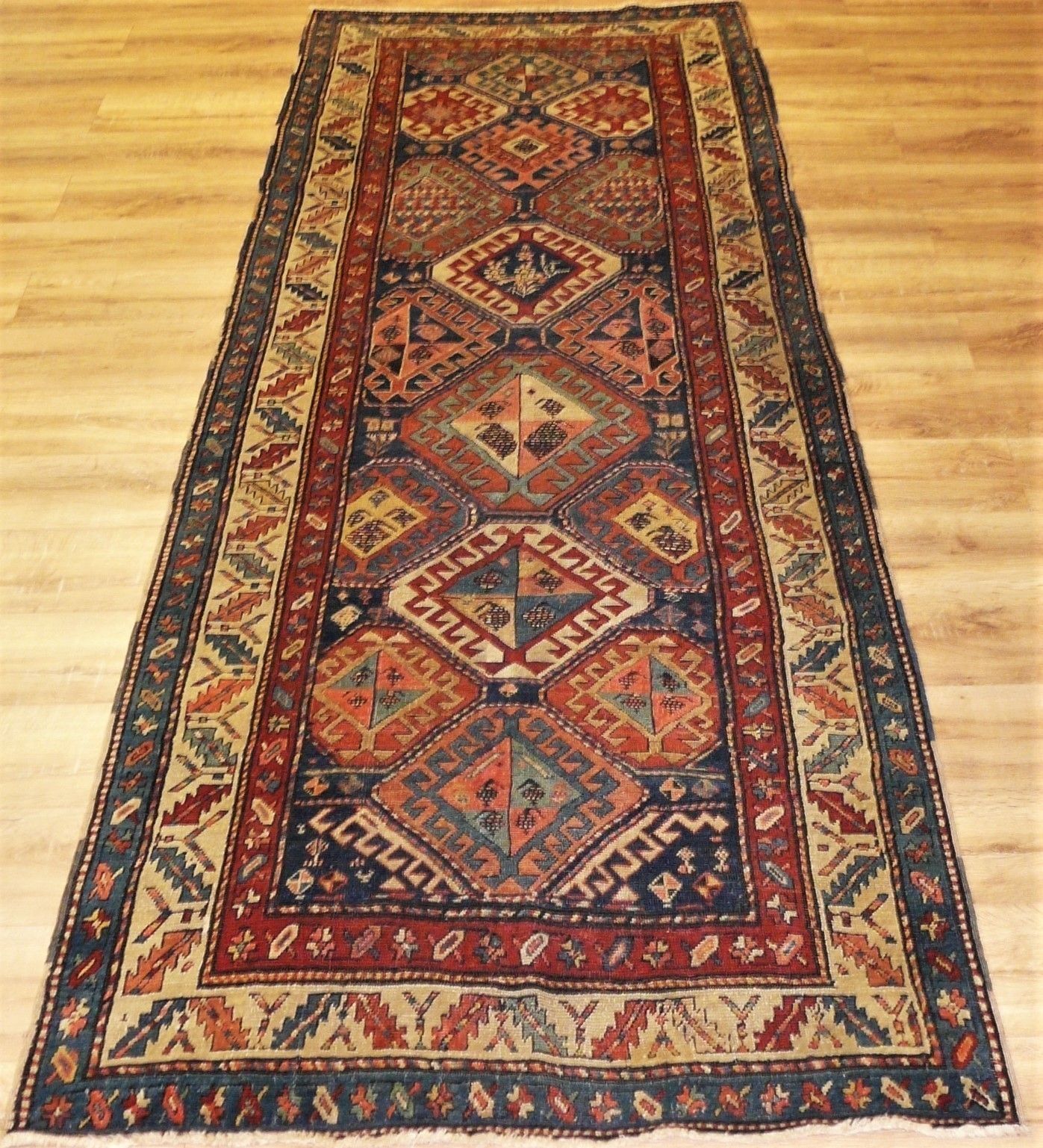 Genuine Antique Hand Knotted Caucasian Kazak Rug   100% Wool Pile   300 X 115 Cm (9'10" X 3'9")