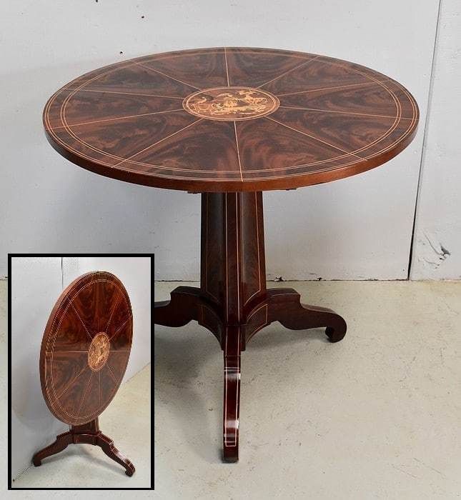 Burr Mahogany Veneer And Marquetry Pedestal Table, Charles X Period   Early 19th Century
