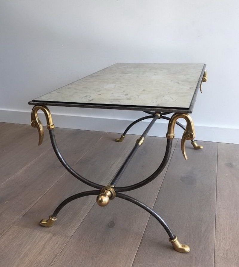 Maison Jansen Brushed Steel And Brass Coffee Table With Swanheads And Feet. Circa 1970 photo vinterior