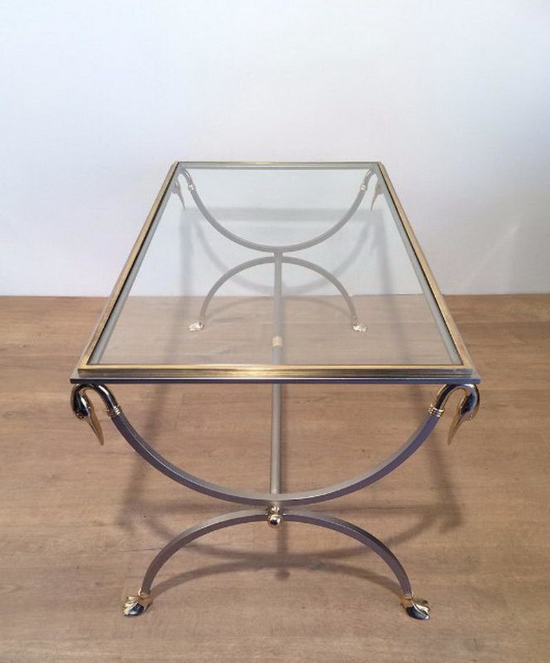 Maison Jansen. Brushed Steel And Brass Coffee Table With Swanheads And Feet. Circa 1970 photo Furniture